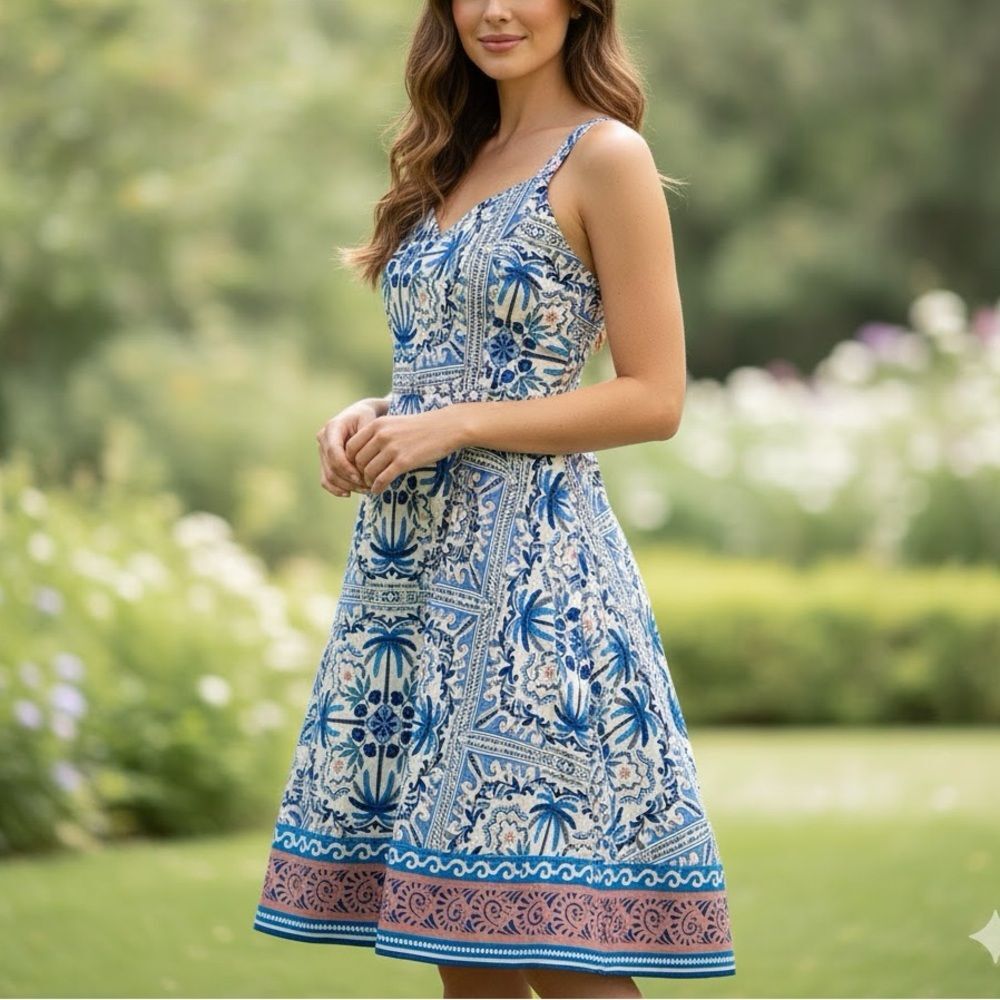 NWT Avec Les Filles Blue Palm Tile Sweetheart Sleeveless A-line Dress Size 12